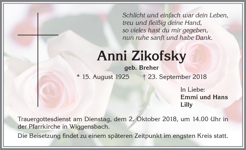  Traueranzeige für Anni Zikofsky vom 28.09.2018 aus Allgäuer Zeitung,Kempten
