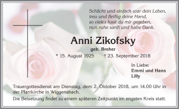 Traueranzeige von Anni Zikofsky von Allgäuer Zeitung,Kempten