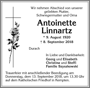 Traueranzeige von Antoinette Linnartz von Allgäuer Zeitung,Kempten