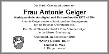 Traueranzeige von Antonie Geiger von Allgäuer Anzeigeblatt