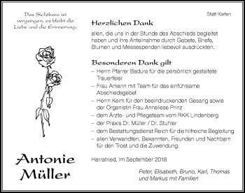 Traueranzeige von Antonie Müller von Der Westallgäuer