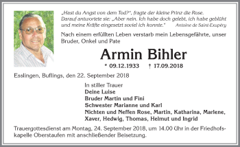 Traueranzeige von Armin Bihler von Allgäuer Anzeigeblatt