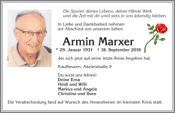 Traueranzeige von Armin Marxer von Allgäuer Zeitung, Kaufbeuren/Buchloe
