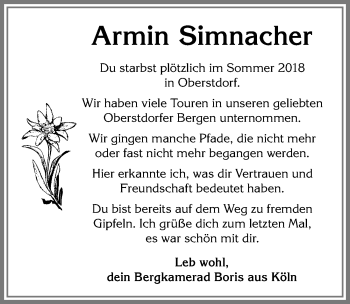 Traueranzeige von Armin Simnacher von Allgäuer Anzeigeblatt