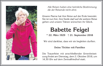 Traueranzeige von Babette Feigel von Allgäuer Zeitung,Kempten