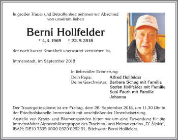 Traueranzeige von Berni Hollfelder von Allgäuer Anzeigeblatt