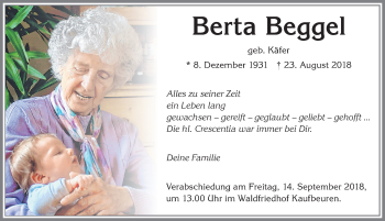 Traueranzeige von Berta Beggel von Allgäuer Zeitung, Kaufbeuren/Buchloe