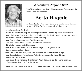 Traueranzeige von Berta Högerle von Allgäuer Anzeigeblatt