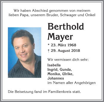 Traueranzeige von Berthold Mayer von Allgäuer Zeitung,Kempten