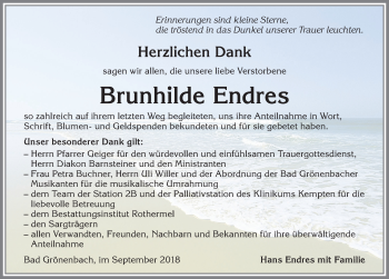Traueranzeige von Brunhilde Endres von Allgäuer Zeitung