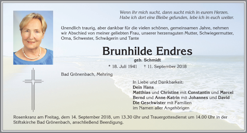  Traueranzeige für Brunhilde Endres vom 12.09.2018 aus Allgäuer Zeitung