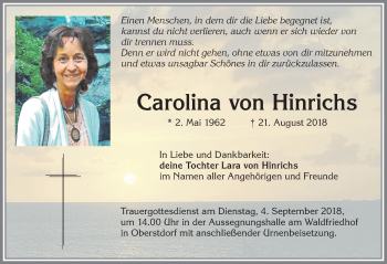 Traueranzeige von Carolina von Hinrichs von Allgäuer Zeitung, Kaufbeuren/Buchloe