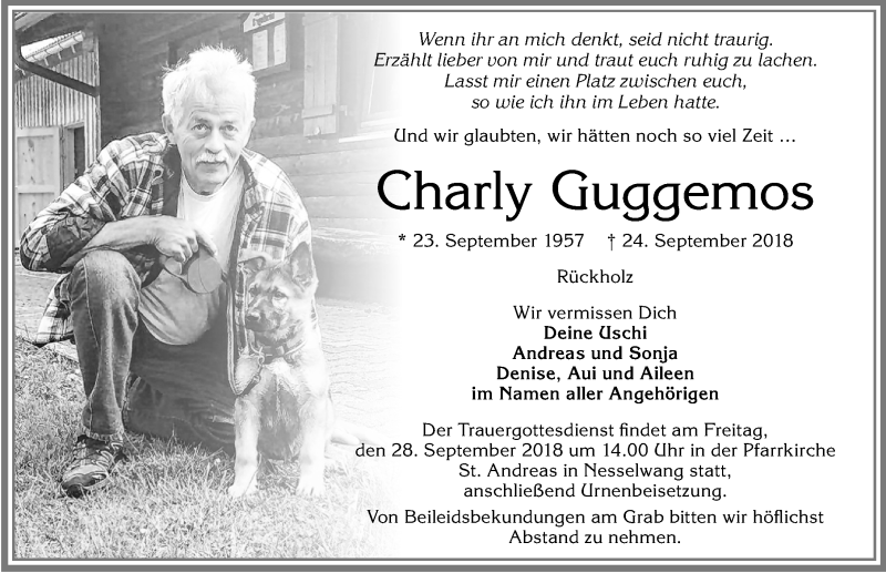  Traueranzeige für Charly Guggemos vom 26.09.2018 aus Allgäuer Zeitung, Füssen