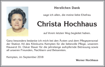 Traueranzeige von Christa Hochhaus von Allgäuer Zeitung,Kempten