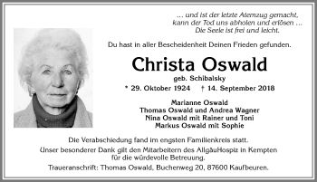 Traueranzeige von Christa Oswald von Allgäuer Zeitung, Kaufbeuren/Buchloe