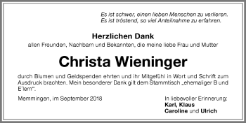 Traueranzeige von Christa Wieninger von Memminger Zeitung