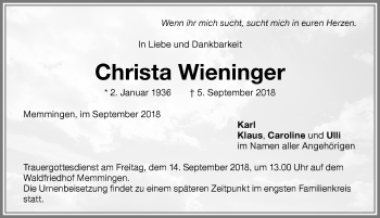 Traueranzeige von Christa Wieninger von Memminger Zeitung