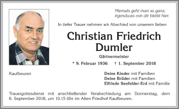 Traueranzeige von Christian Friedrich Dumler von Allgäuer Zeitung, Kaufbeuren/Buchloe