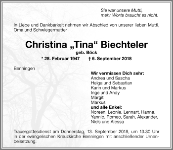 Traueranzeige von Christina Biechteler von Memminger Zeitung