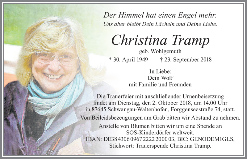  Traueranzeige für Christina Tramp vom 28.09.2018 aus Allgäuer Zeitung, Füssen