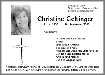 Traueranzeige von Christine Geltinger von Allgäuer Zeitung, Kaufbeuren/Buchloe