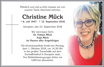 Traueranzeige von Christine Mück von Allgäuer Zeitung,Kempten