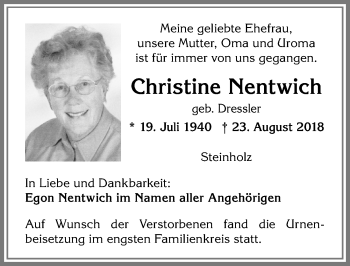 Traueranzeige von Christine Nentwich von Allgäuer Zeitung, Kaufbeuren/Buchloe