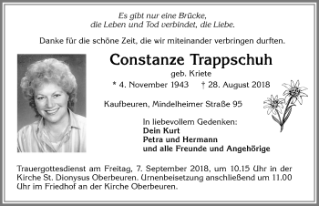 Traueranzeige von Constanze Trappschuh von Allgäuer Zeitung, Kaufbeuren/Buchloe
