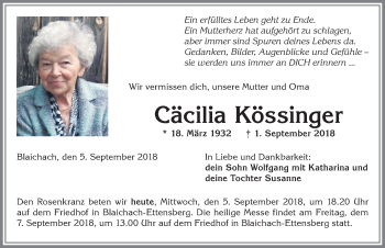 Traueranzeige von Cäcilia Kössinger von Allgäuer Anzeigeblatt