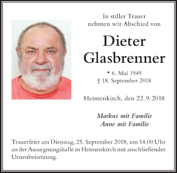 Traueranzeige von Dieter Glasbrenner von Der Westallgäuer