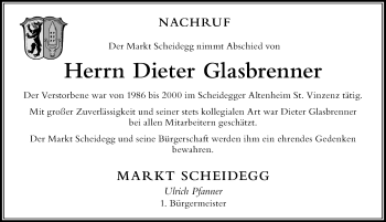 Traueranzeige von Dieter Glasbrenner von Der Westallgäuer