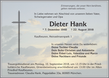 Traueranzeige von Dieter Hank von Allgäuer Zeitung, Kaufbeuren/Buchloe