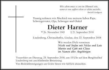 Traueranzeige von Dieter Harner von Der Westallgäuer