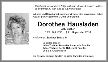 Traueranzeige von Dorothea Hausladen von Allgäuer Zeitung, Kaufbeuren/Buchloe
