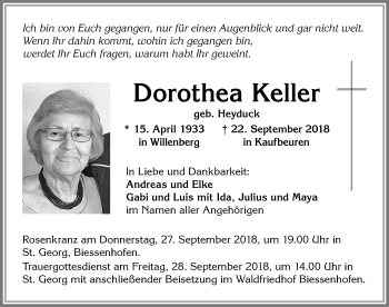 Traueranzeige von Dorothea Keller von Allgäuer Zeitung