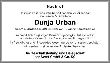 Traueranzeige von Dunja Urban von Memminger Zeitung