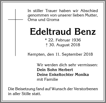 Traueranzeige von Edeltraud Benz von Allgäuer Zeitung,Kempten