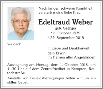 Traueranzeige von Edeltraud Weber von Allgäuer Zeitung,Kempten