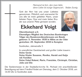 Traueranzeige von Ekkehard Voigt von Allgäuer Anzeigeblatt