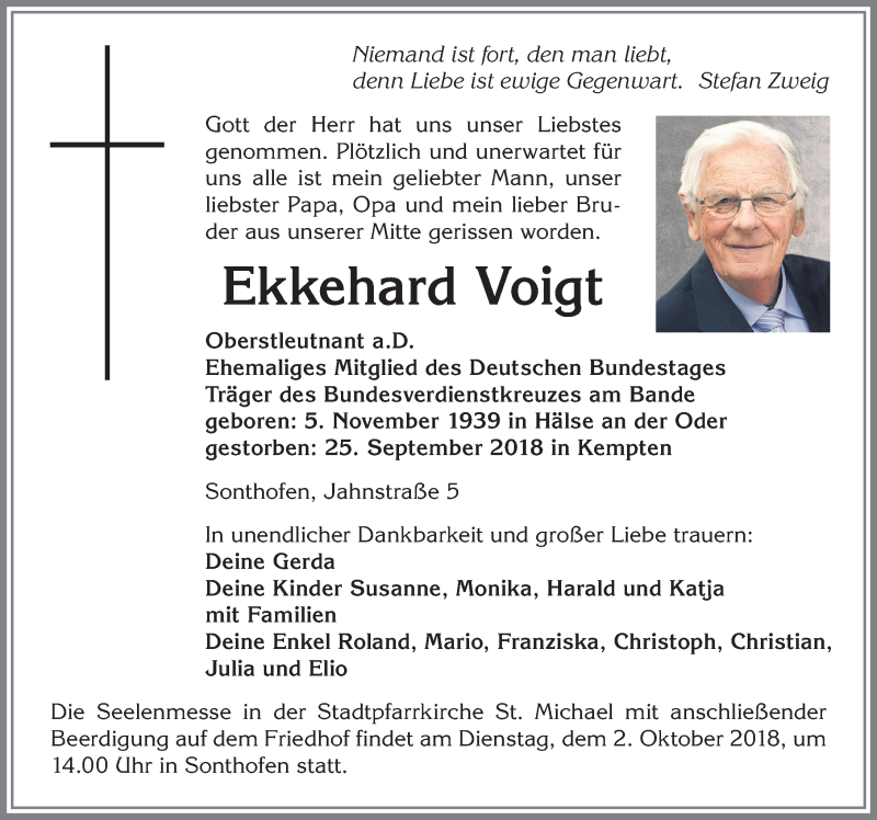  Traueranzeige für Ekkehard Voigt vom 29.09.2018 aus Allgäuer Anzeigeblatt