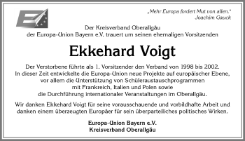 Traueranzeige von Ekkehard Voigt von Allgäuer Anzeigeblatt