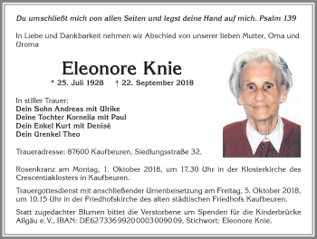 Traueranzeige von Eleonore Knie von Allgäuer Zeitung, Kaufbeuren/Buchloe