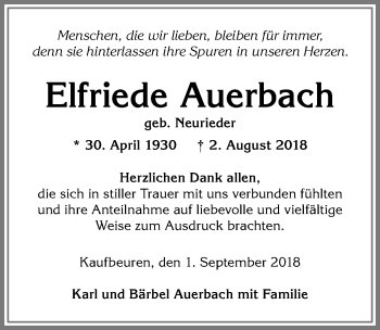 Traueranzeige von Elfriede Auerbach von Allgäuer Zeitung, Kaufbeuren/Buchloe