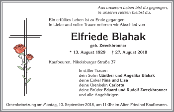 Traueranzeige von Elfriede Blahak von Allgäuer Zeitung, Kaufbeuren/Buchloe