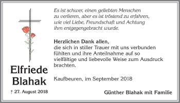 Traueranzeige von Elfriede Blahak von Allgäuer Zeitung, Kaufbeuren/Buchloe