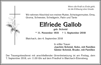 Traueranzeige von Elfriede Gallob von Allgäuer Anzeigeblatt