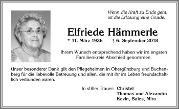 Traueranzeige von Elfriede Hämmerle von Allgäuer Zeitung,Kempten