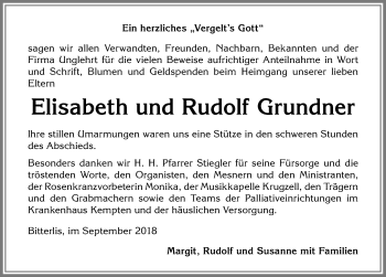Traueranzeige von Elisabeth Grundner von Allgäuer Anzeigeblatt