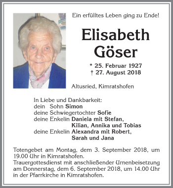 Traueranzeige von Elisabeth Göser von Allgäuer Zeitung,Kempten