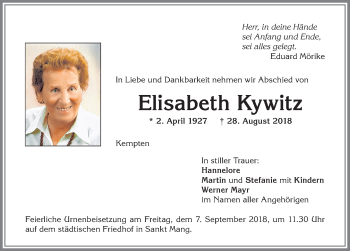 Traueranzeige von Elisabeth Kywitz von Allgäuer Zeitung,Kempten